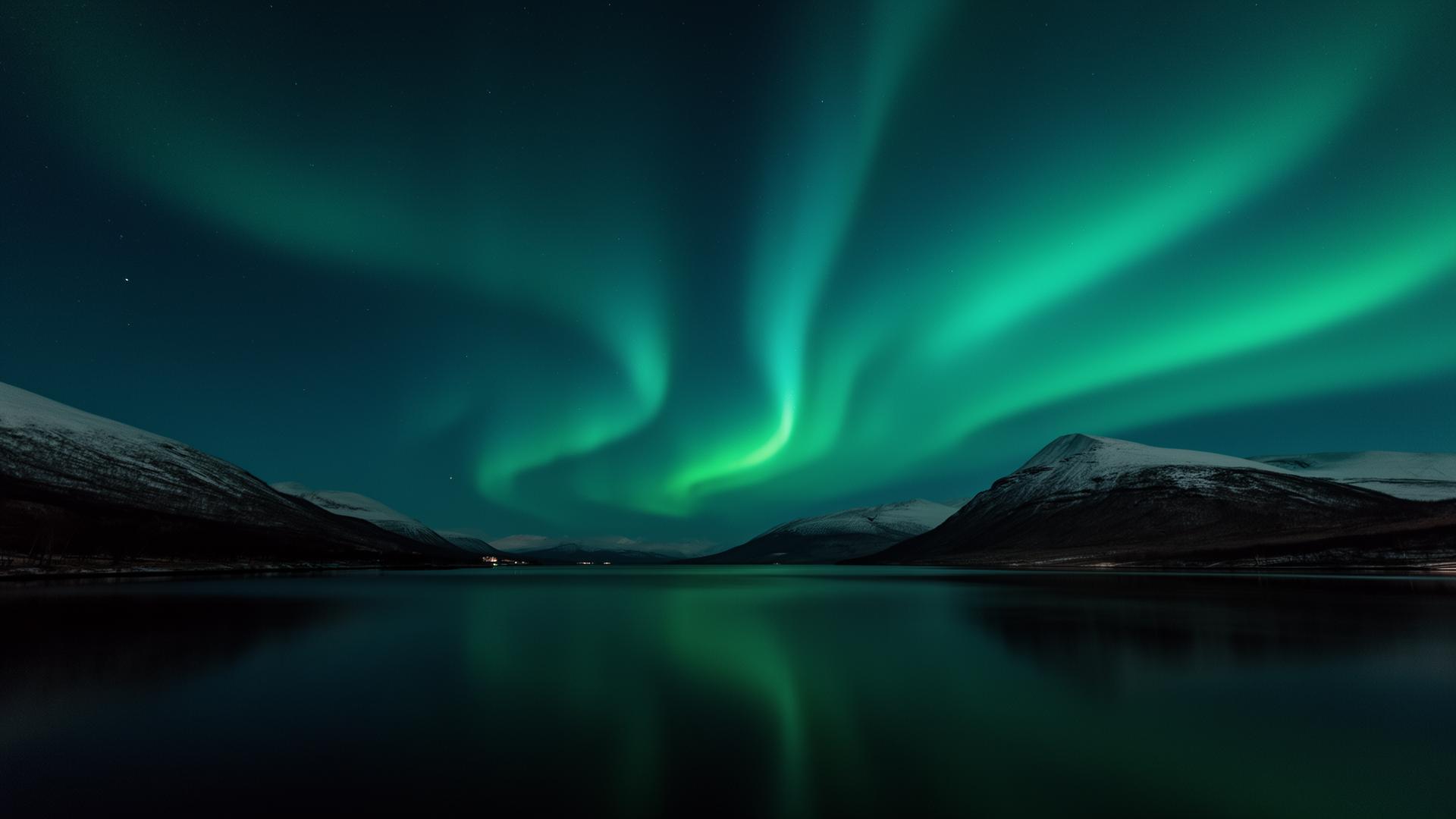Aurora borealis over a Nordic fjord